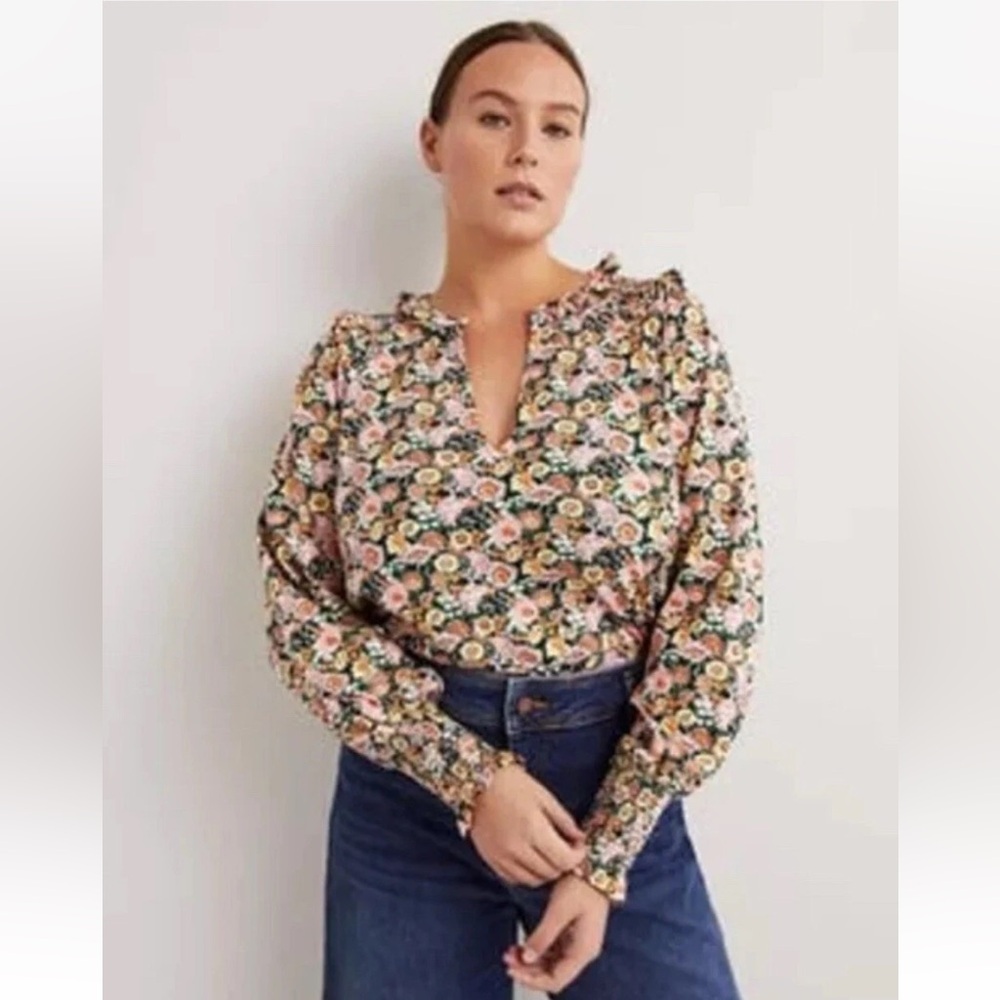 Boden Floral Notch Neck Smocked Frill Top Cotton Blouse Women's Size 2